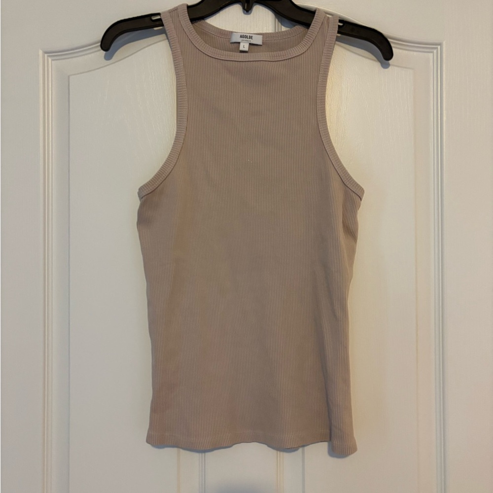 AGOLDE Beige Ribbed Tank Top – Size Large – Fitted Sleeveless Basic